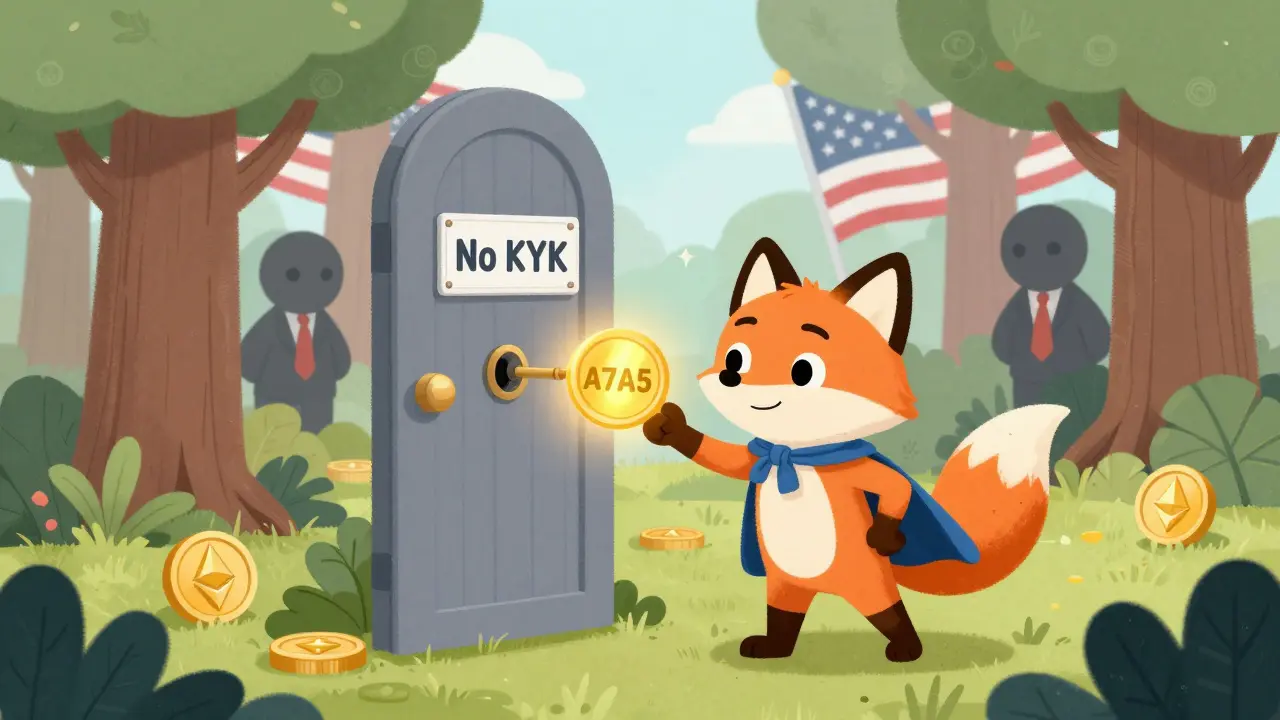 A fox using a golden token to unlock a secret crypto exchange door, with OFAC agents watching from afar.