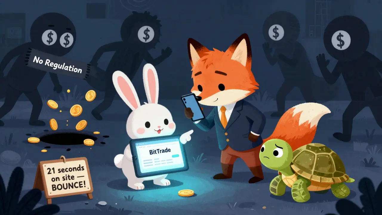 A fox whispers to a bunny about a suspicious website, while coins vanish into a black hole labeled 'No Regulation'.