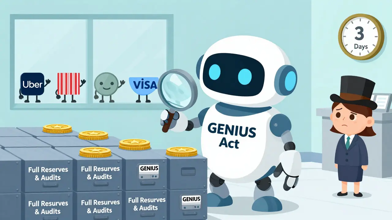 A friendly robot checks stablecoin vaults as companies celebrate faster payments, while an old bank clock fades away.