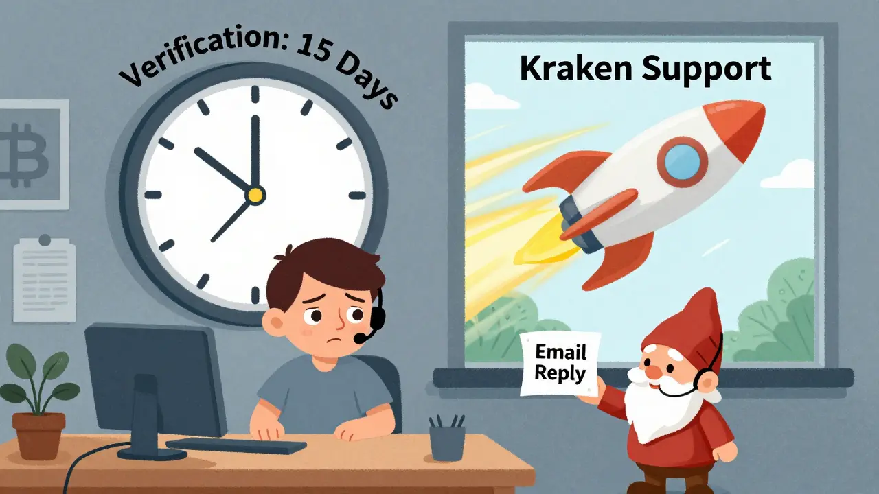 A frustrated person waits at a desk with a slow clock labeled '15 Days Verification', while a fast rocket labeled 'Kraken' zooms by outside.