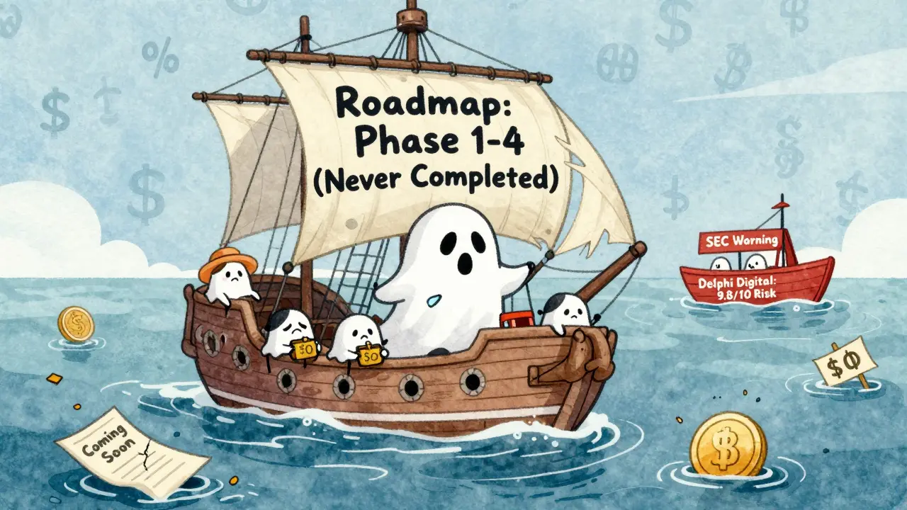 A ghost ship labeled 'DOGEKING Roadmap' sinking in a sea of crypto debris as lifeboats sail away.