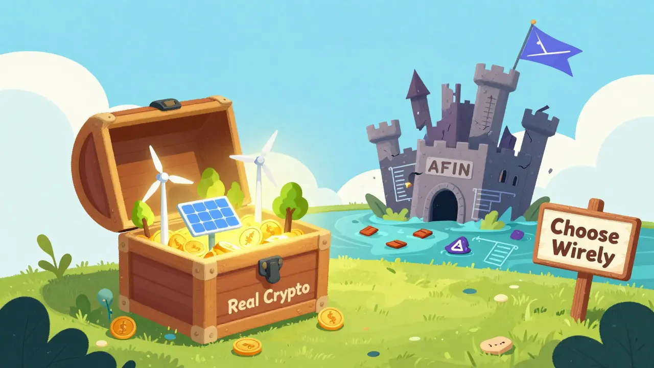 A glowing treasure of eco-friendly crypto tokens sits on a hill as a crumbling AFIN castle sinks into a swamp of empty wallets.