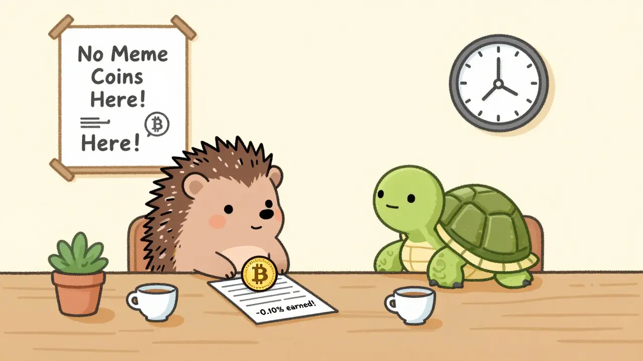 A hedgehog and turtle trade Bitcoin at a quiet desk, earning money for placing a limit order with a cozy, pastel-colored setting.