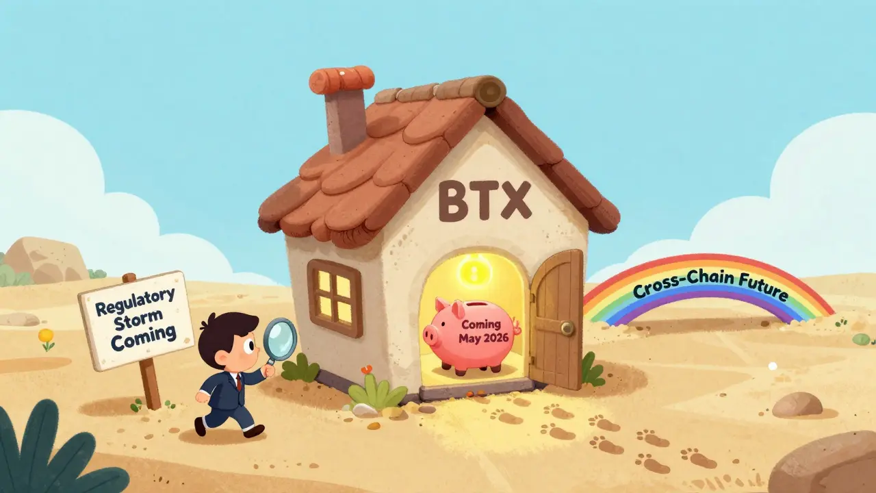A house on sand labeled 'BTX' with a looming regulatory storm, a distant bridge, and a single glowing piggy bank labeled 'Staking Coming'.