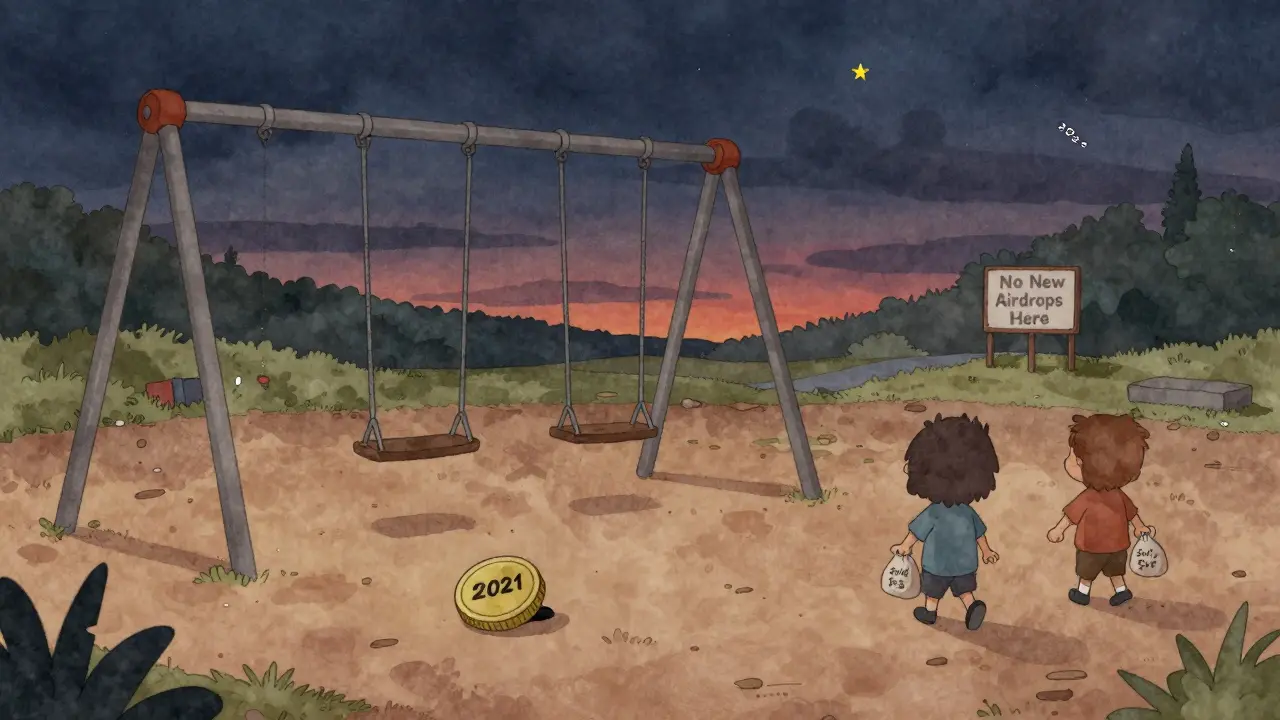 A lonely NUX token lies on a deserted playground at sunset with faded characters walking away.