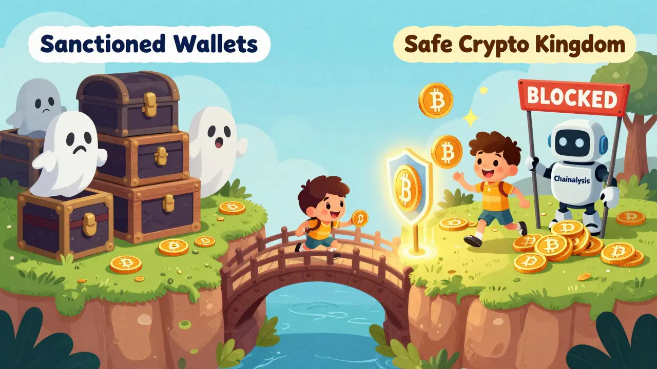 A magical bridge separates blocked wallets from a safe crypto kingdom, with a shield stopping a sneaky Monero coin.