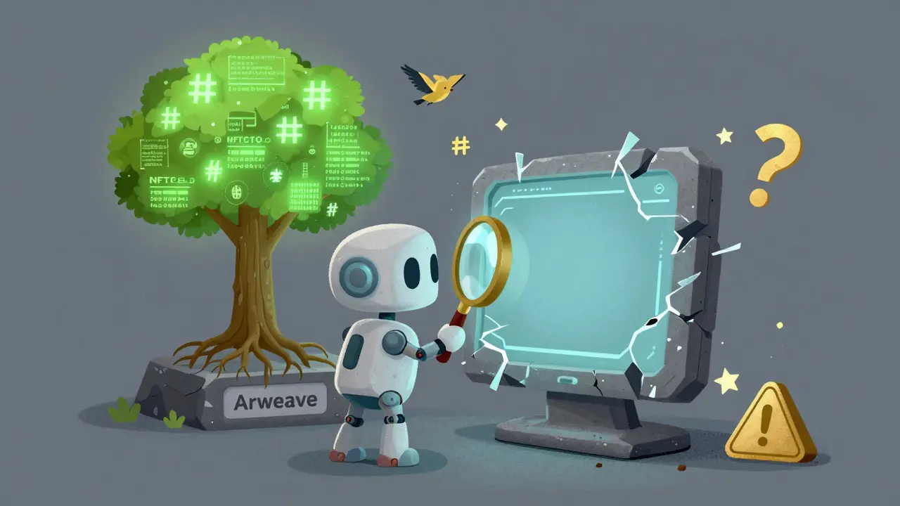 A robot examines a broken NFT screen while a blockchain tree grows from a stone labeled Arweave.