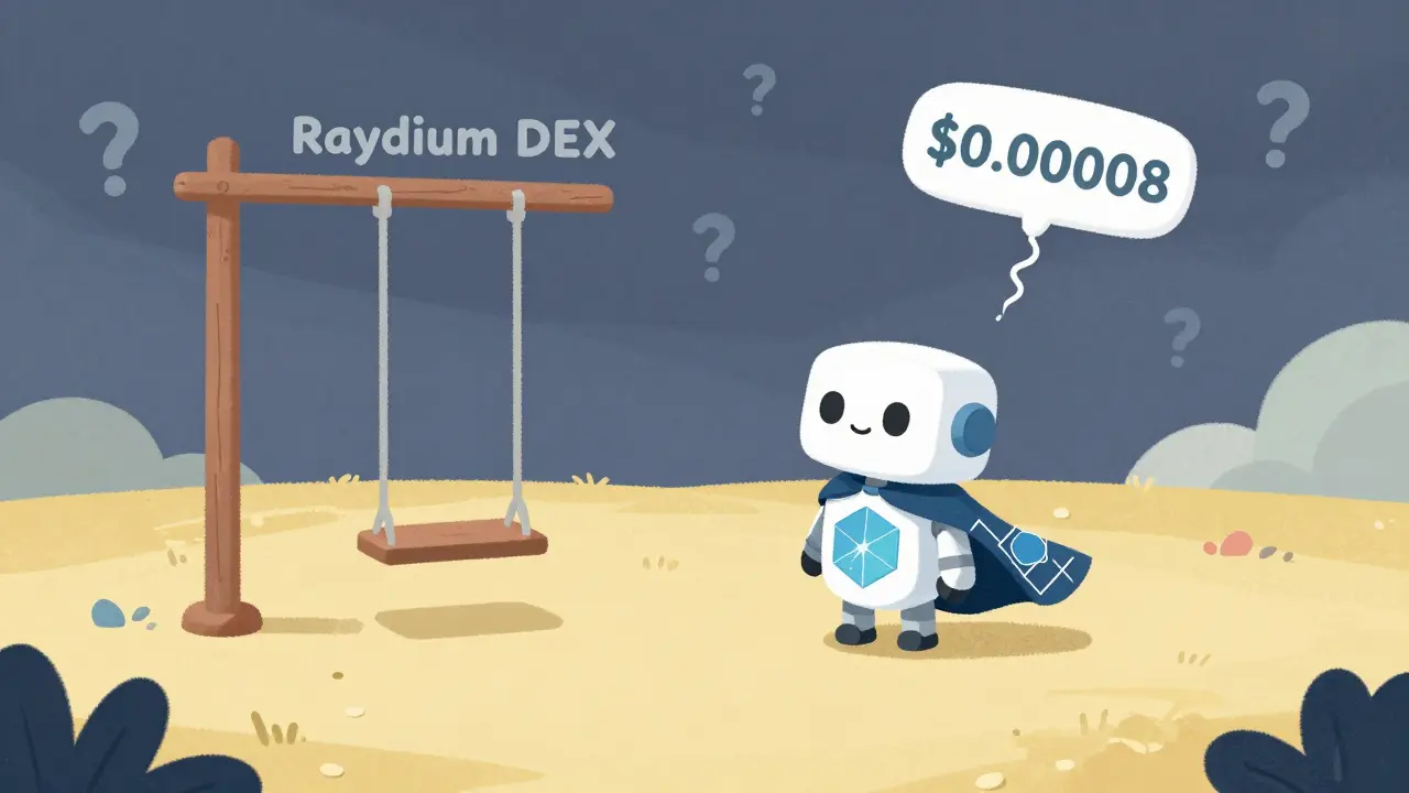 A small robot stands alone on a deserted crypto exchange playground, watching a price balloon drift away into a stormy sky.