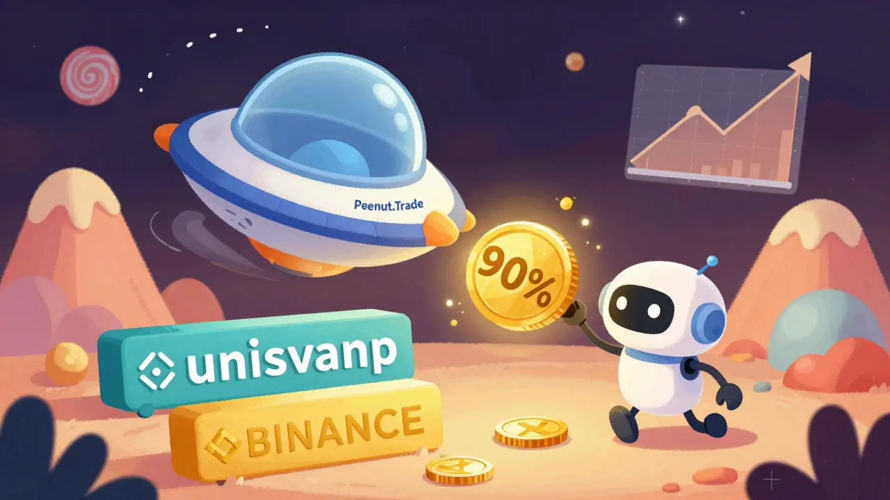 A tiny spaceship splits a glowing coin between two crypto exchanges with bot creatures trying to steal part.