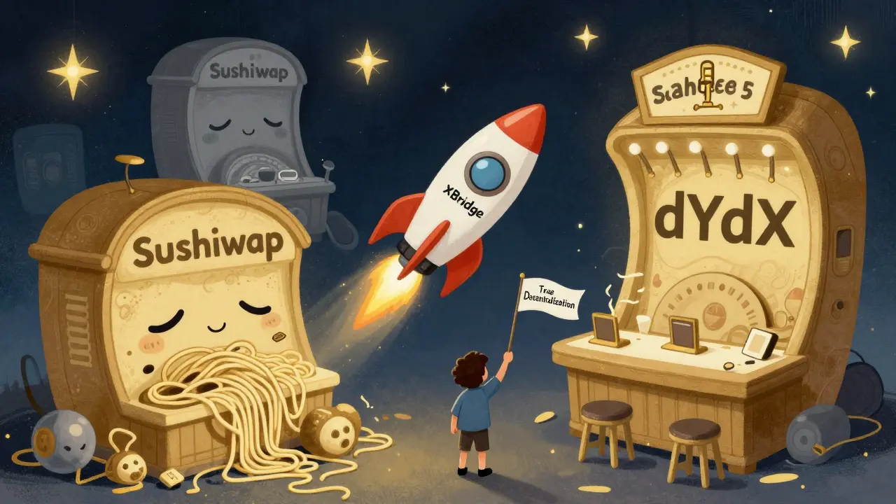 A traveler on a rocket flies past other crypto exchanges toward true decentralization.