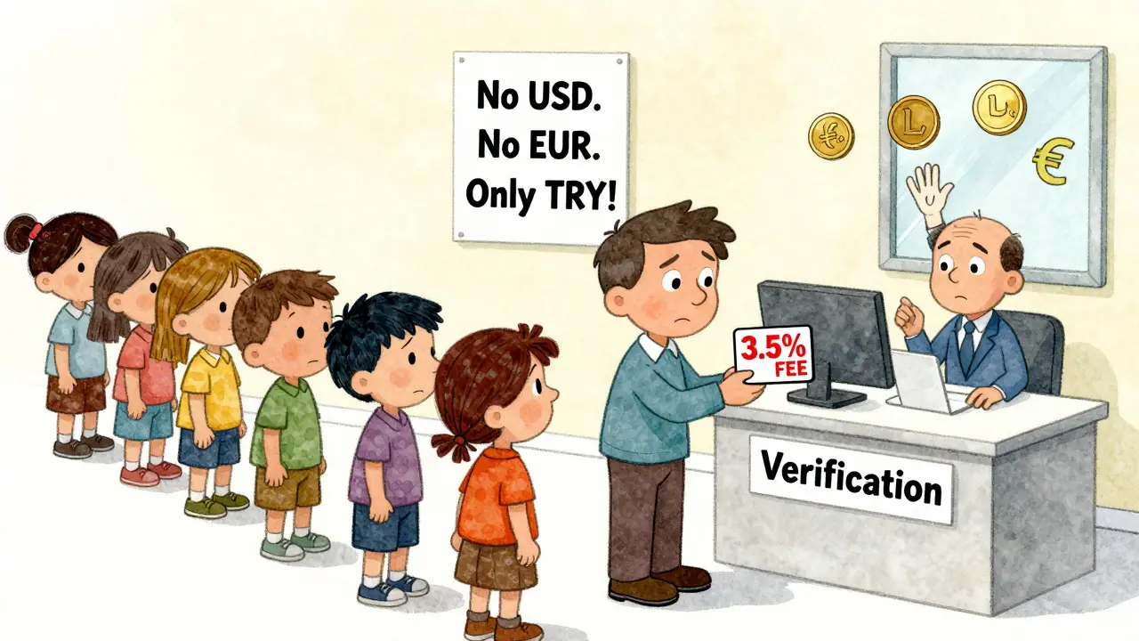 A Turkish parent waits in line to verify their ID at a Koinim office, with credit card fees and TRY-only signs visible.