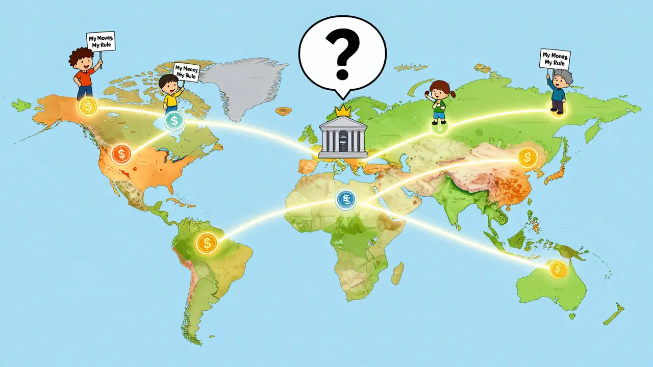A world map shows different countries sending their own digital coins, with children holding signs about financial sovereignty.