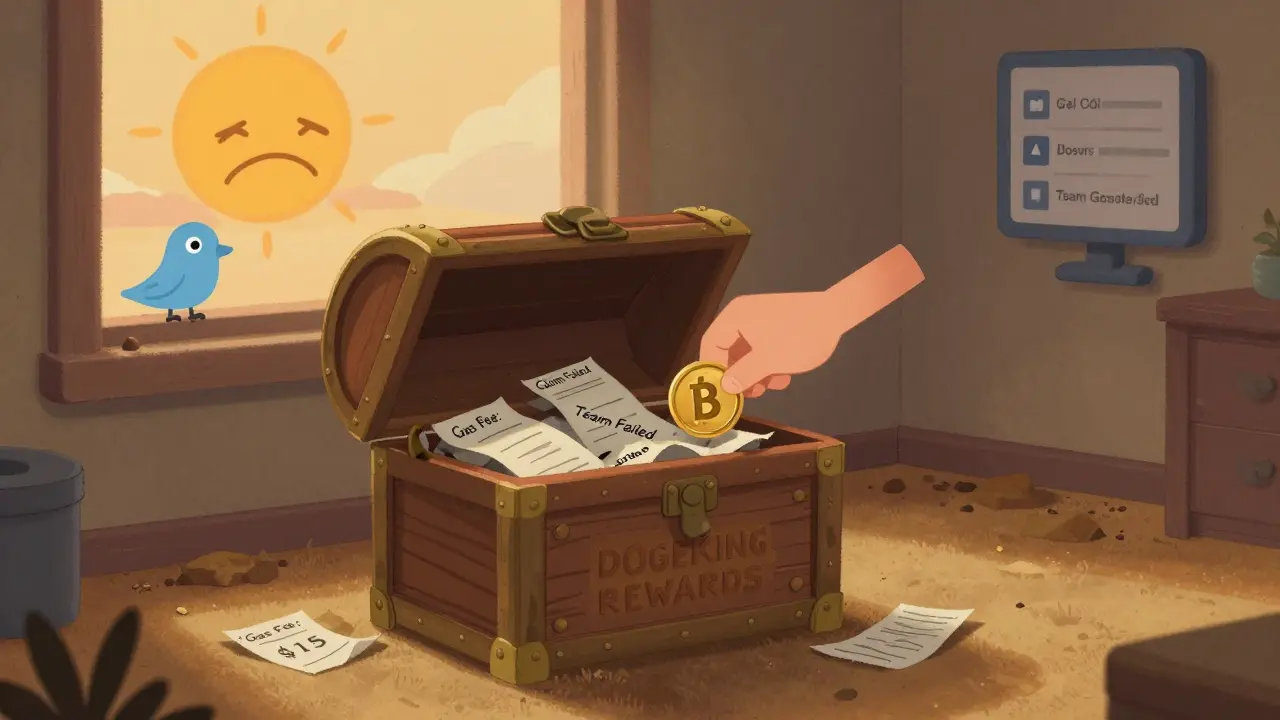 An empty treasure chest filled with gas fee receipts, surrounded by silence and a fading Twitter bird.