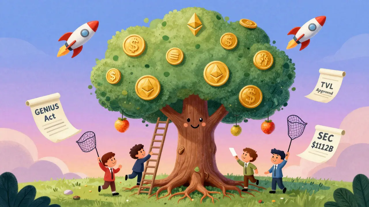 An Ethereum tree bears tokenized assets as fruit, while investors climb code ladders under regulatory scrolls.