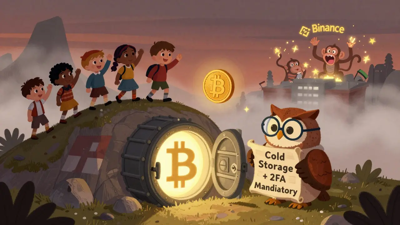 An owl guards a Bitcoin vault under a mountain while children watch a coin safely enter, as a chaotic exchange fades in the distance.
