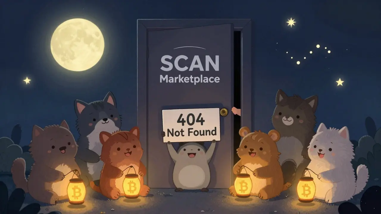 Animals gather around a locked SCAN marketplace door, one peeking through to see darkness, under a gentle moonlit sky.