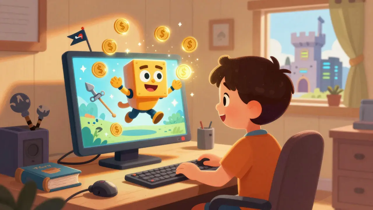 Child playing Miner Wars as a cute digital miner jumps out holding 25 $GOMINING tokens.