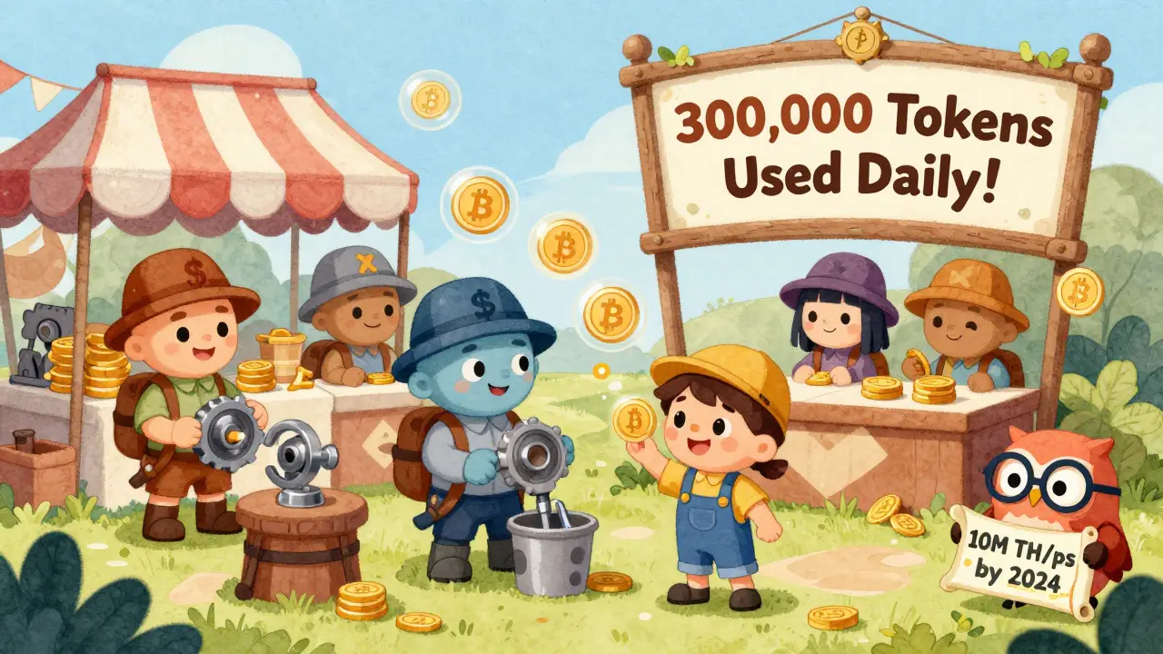Child upgrading a smiling NFT miner in a magical marketplace with floating Bitcoin tokens.