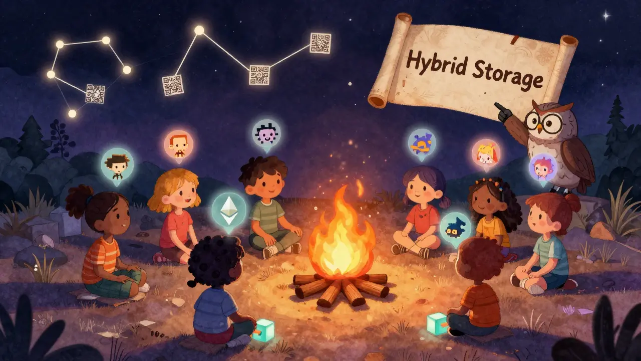 Children sit by a campfire of Ethereum blocks, watching animated NFT stories, guided by a wise owl.