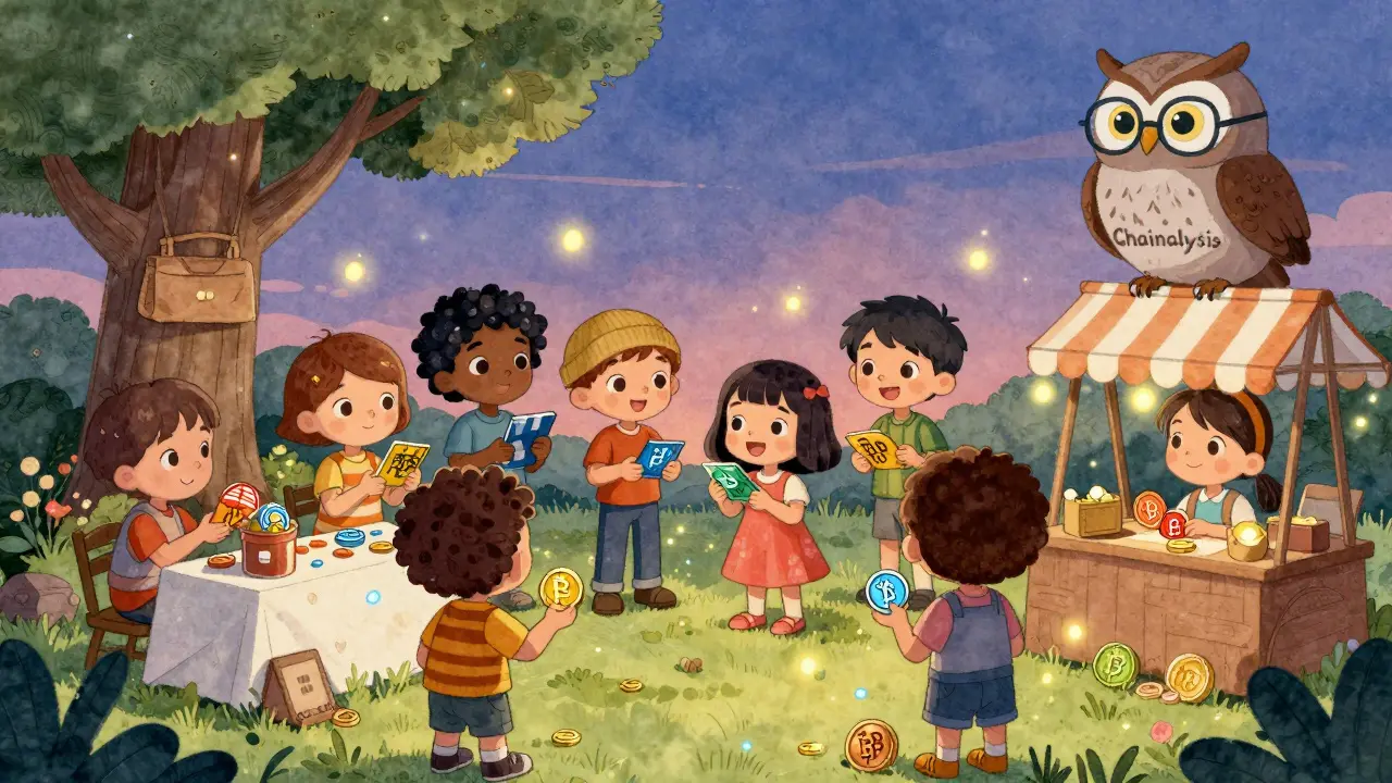 Children trading crypto coins under a tree, using gift cards and invisible coins, while an owl observes.