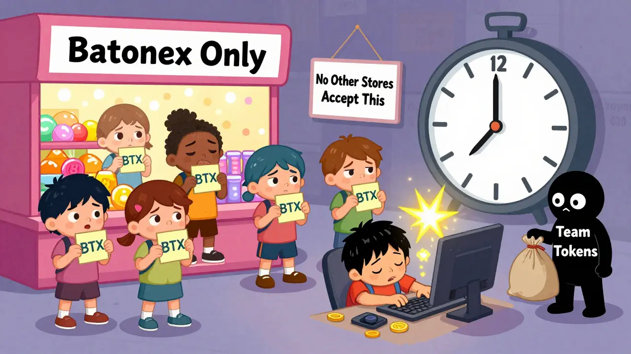 Children trying to trade BTX tokens at a lone store, one asleep at a desktop mining computer, with a clock ticking to 2026.