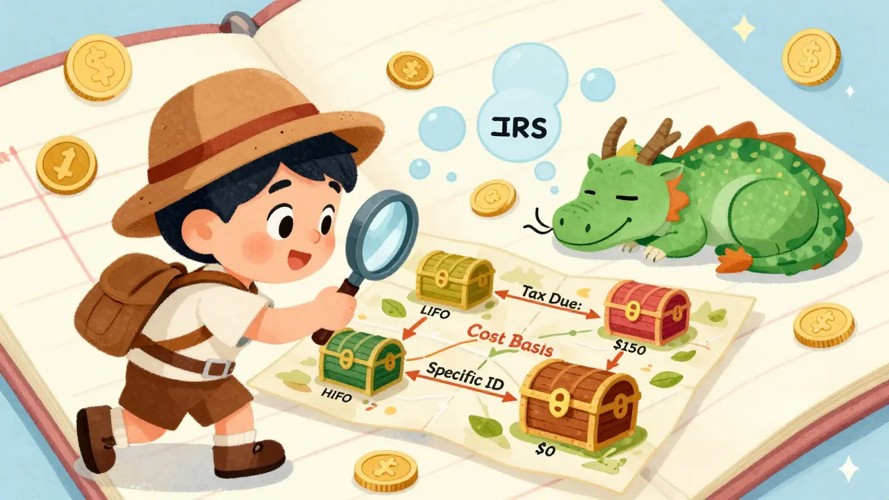 Explorer using a magnifying glass on a treasure map with crypto tax methods leading to different treasure chests.