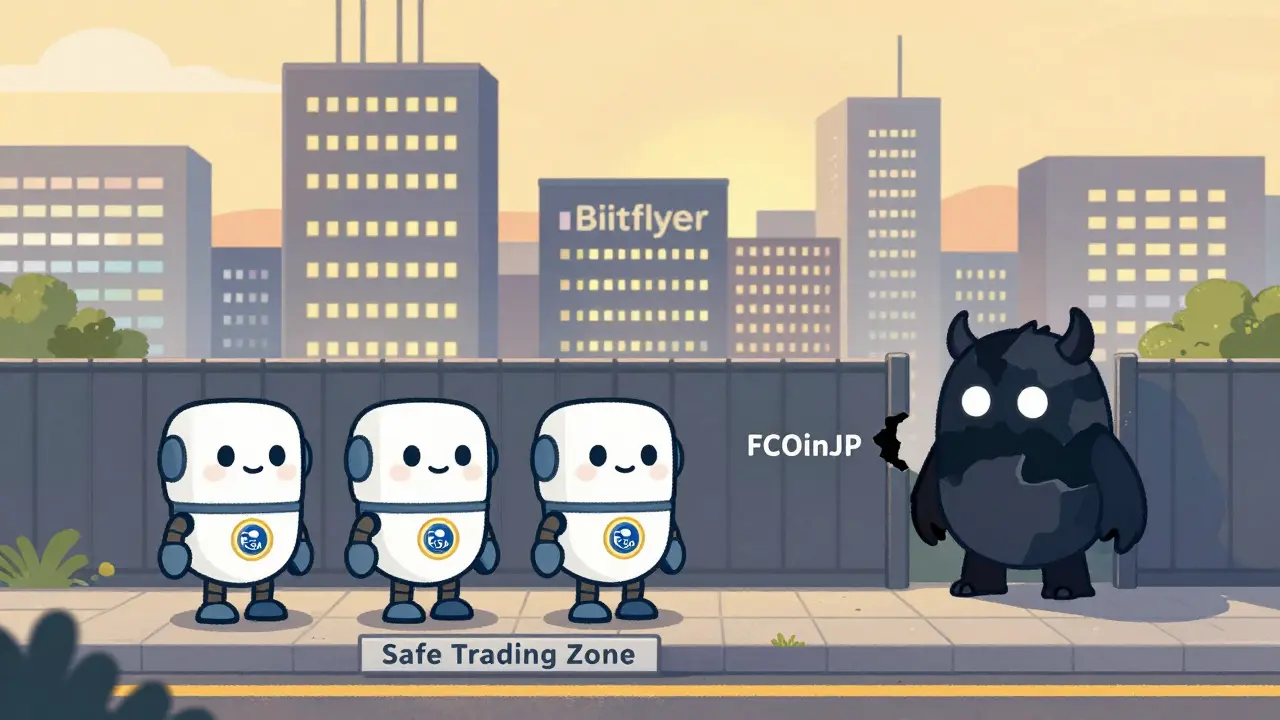 Friendly licensed exchange robots stand safely in a city while a patchwork monster tries to sneak in past a fence.