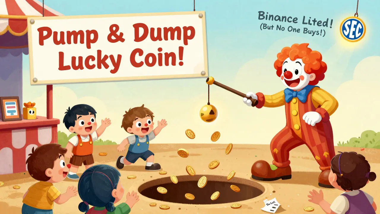 Kids reach for coins at a carnival game labeled 'Pump &amp; Dump' while the prize is just a scrap of paper.