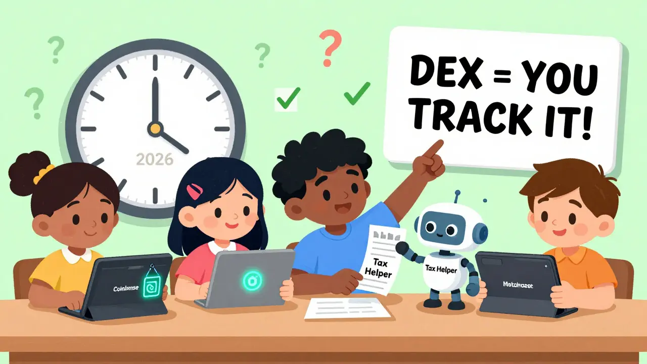 Kids using tablets with crypto wallets, handing a receipt to a robot tax helper under a 2026 clock in a playful illustration.