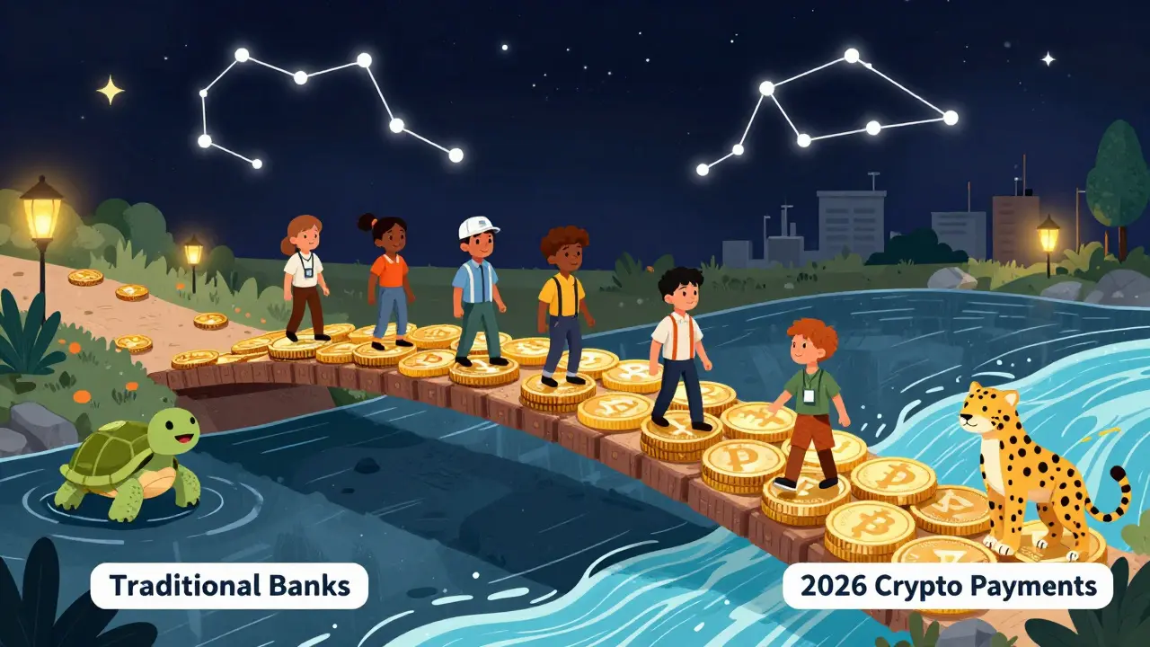 People cross a bridge of stablecoins from slow banking to fast crypto payments, with animals symbolizing change.