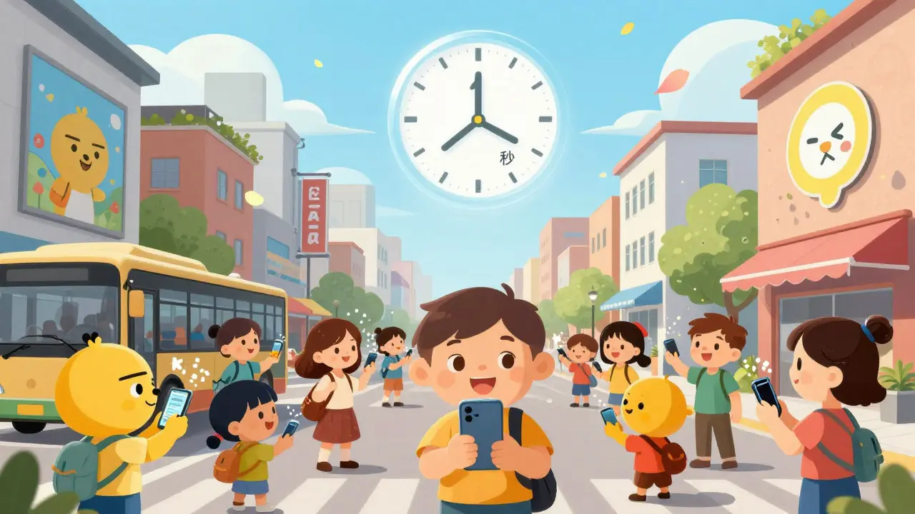 People in a city pay for goods with phones, KAIA symbols sparkling, clock in sky shows '1 second'.