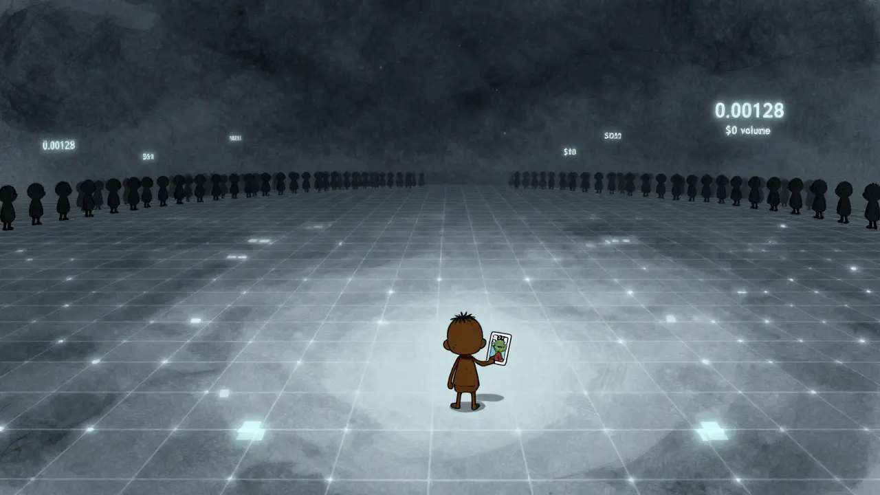 Toto standing alone on a digital grid horizon, holding an NFT card under a starless sky.