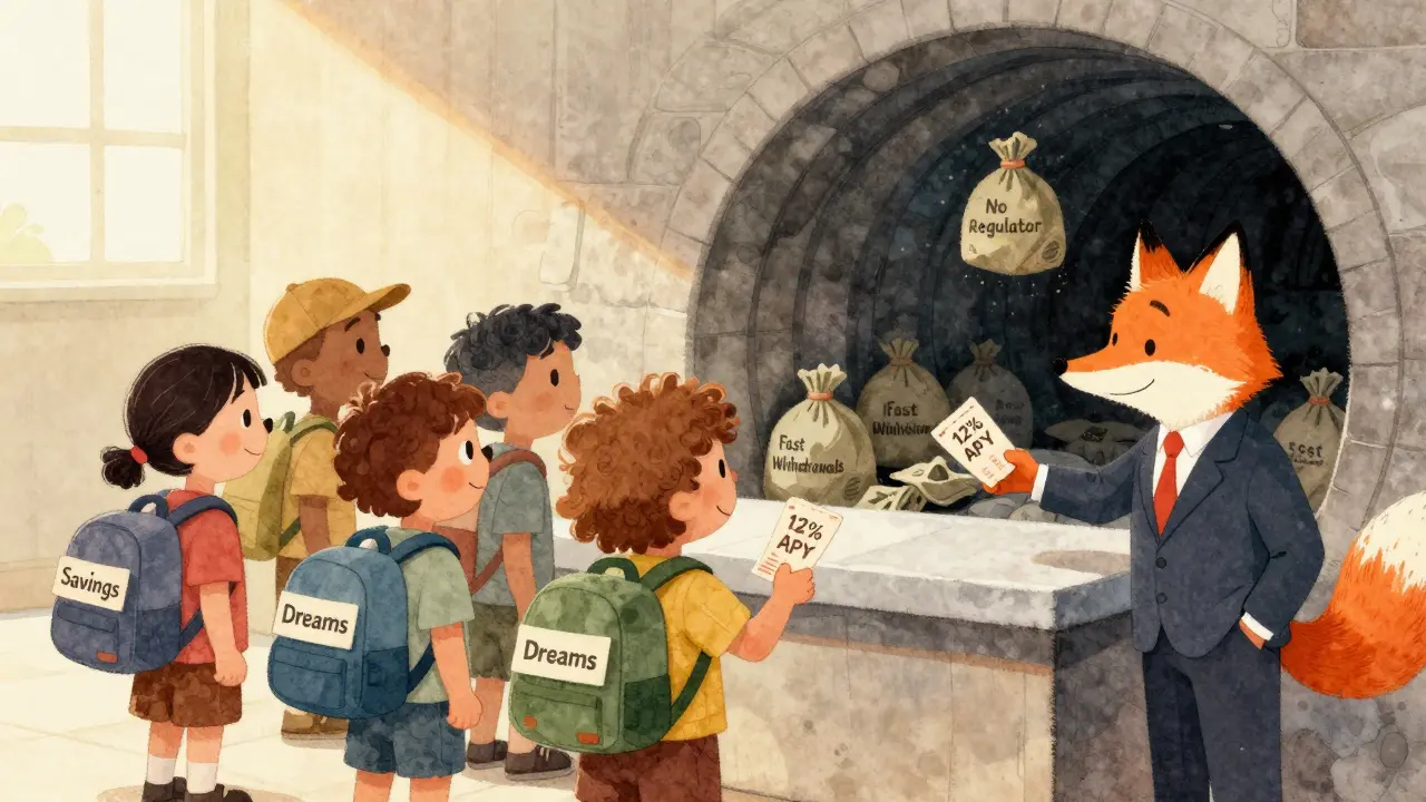 Traders hand over money bags to a fox at a counter, while dark tunnels swallow their savings under signs promising high rewards.