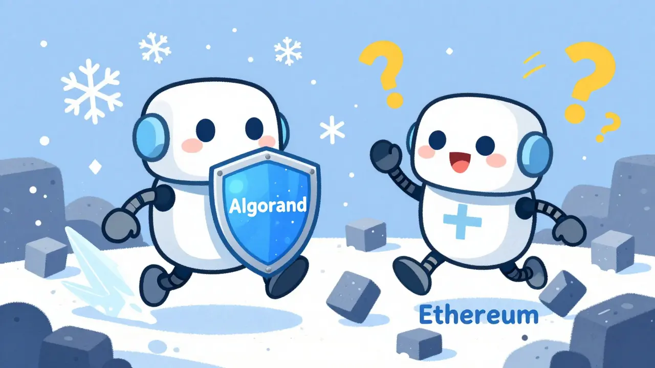 Two robots representing Algorand and Ethereum, one frozen and one bouncing through blocks.