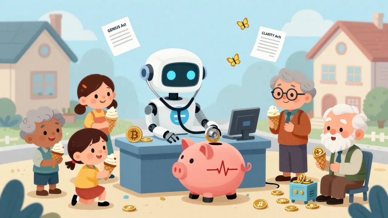 A bank robot checks a Bitcoin piggy bank while families use crypto to pay for ice cream and send money abroad.