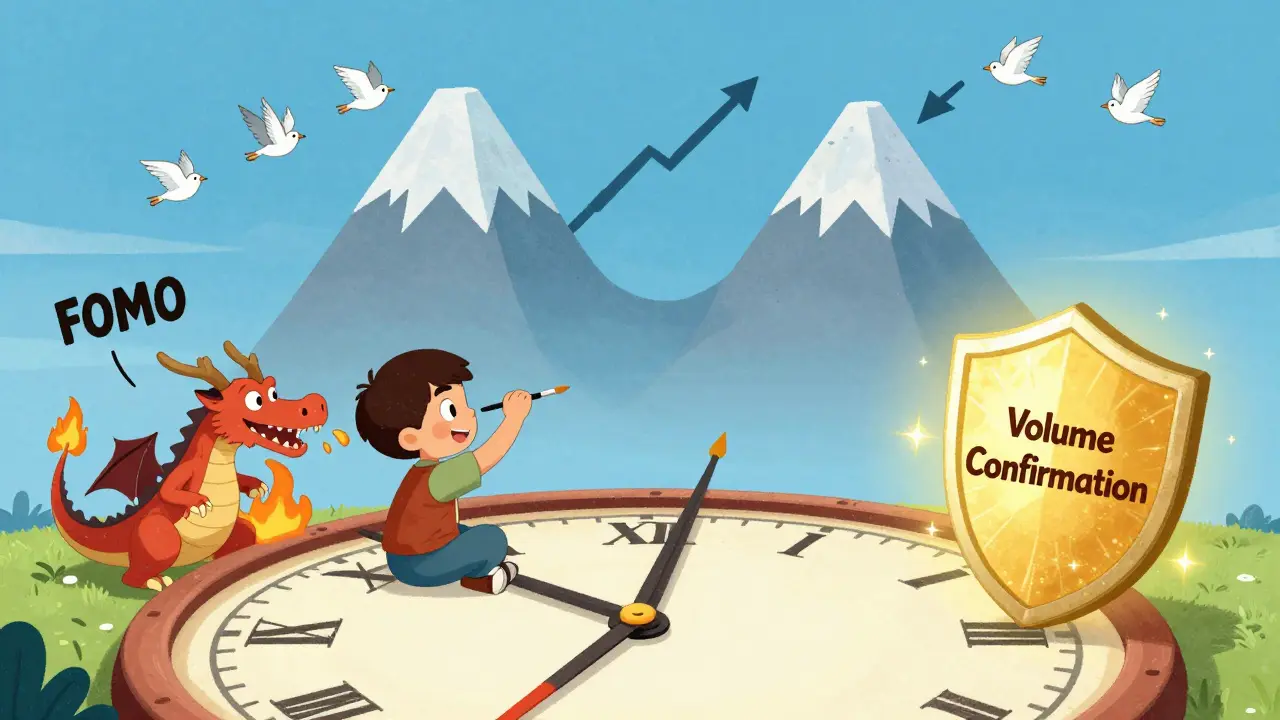 A child draws a double top pattern in the sky while volume arrows rise and a dragon tries to trigger a fake breakout.