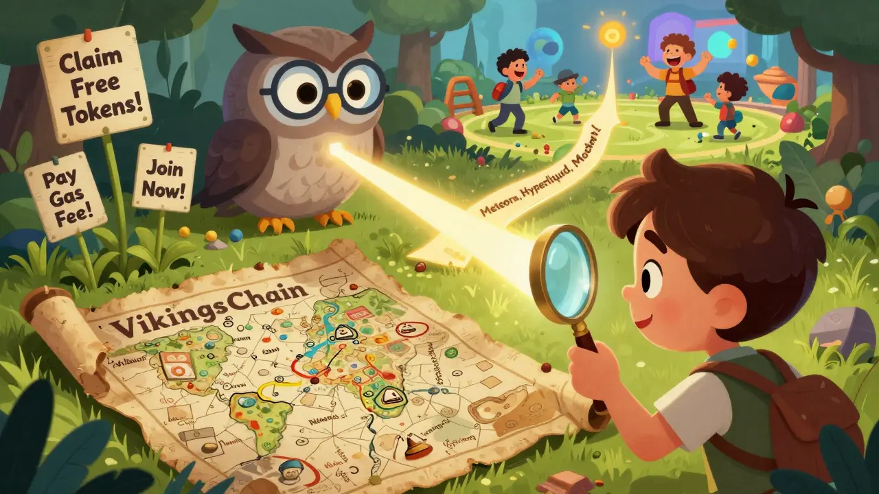 A child examines a dusty map with fake airdrop signs while a wise owl points to real crypto projects on a glowing path.