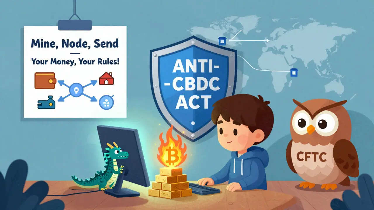 A child mines Bitcoin at home while a shield protects their right to self-custody, watched by a nodding owl labeled CFTC.