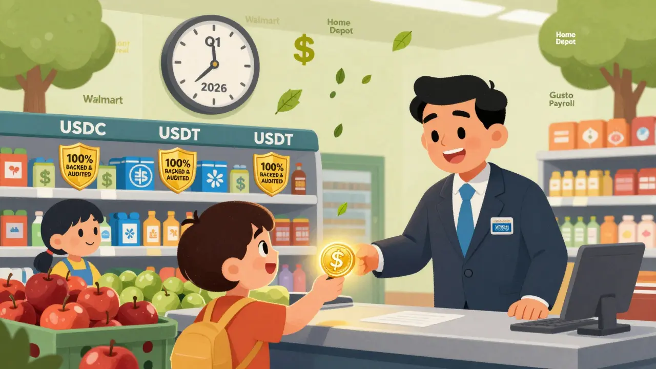 A child pays for apples at a supermarket with a glowing stablecoin token, while bank and store logos surround the scene.