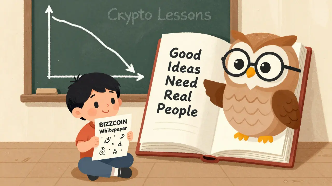 A child reads a BIZZCOIN paper as an owl points to a lesson about real crypto projects.