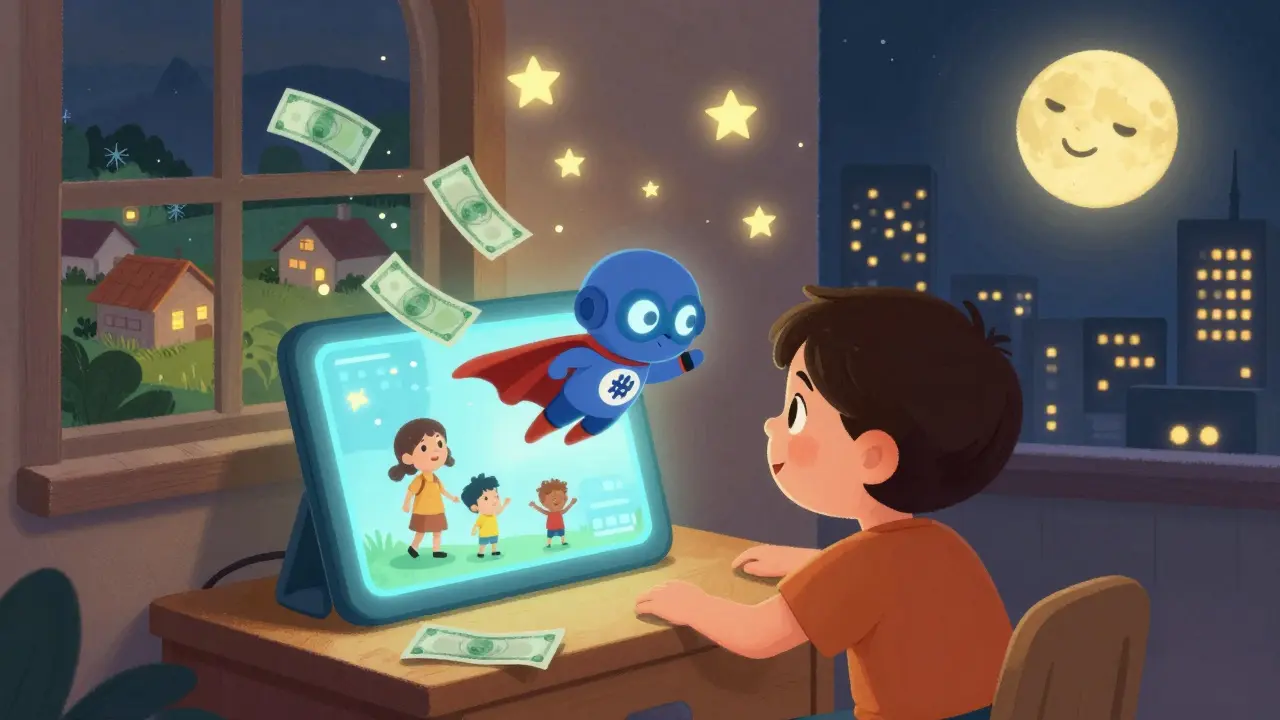 A digital wallet superhero protects a family from collapsing currency as stars shaped like blockchain nodes glow above.