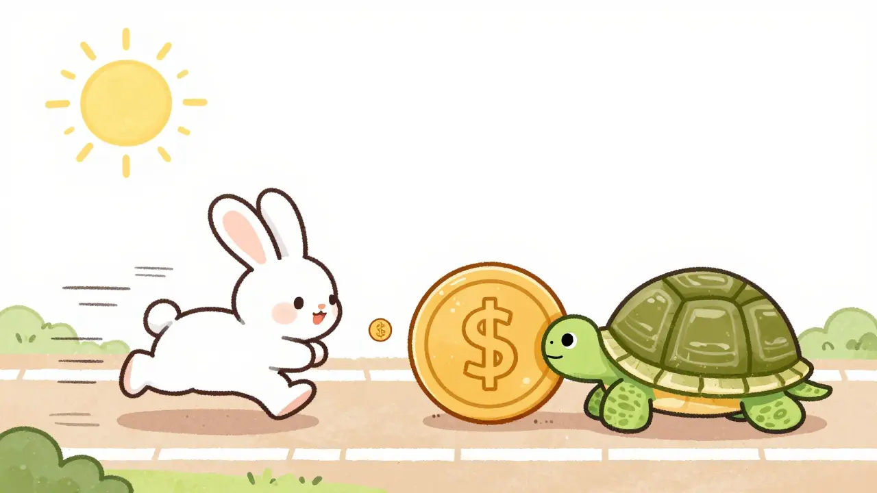 A fast rabbit with a small coin racing past a slow turtle with a big coin