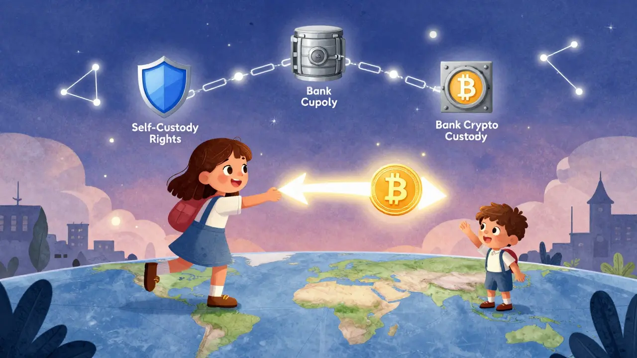 A girl sends a glowing stablecoin to her cousin in Mexico, with icons of self-custody, bank custody, and global blockchain links.