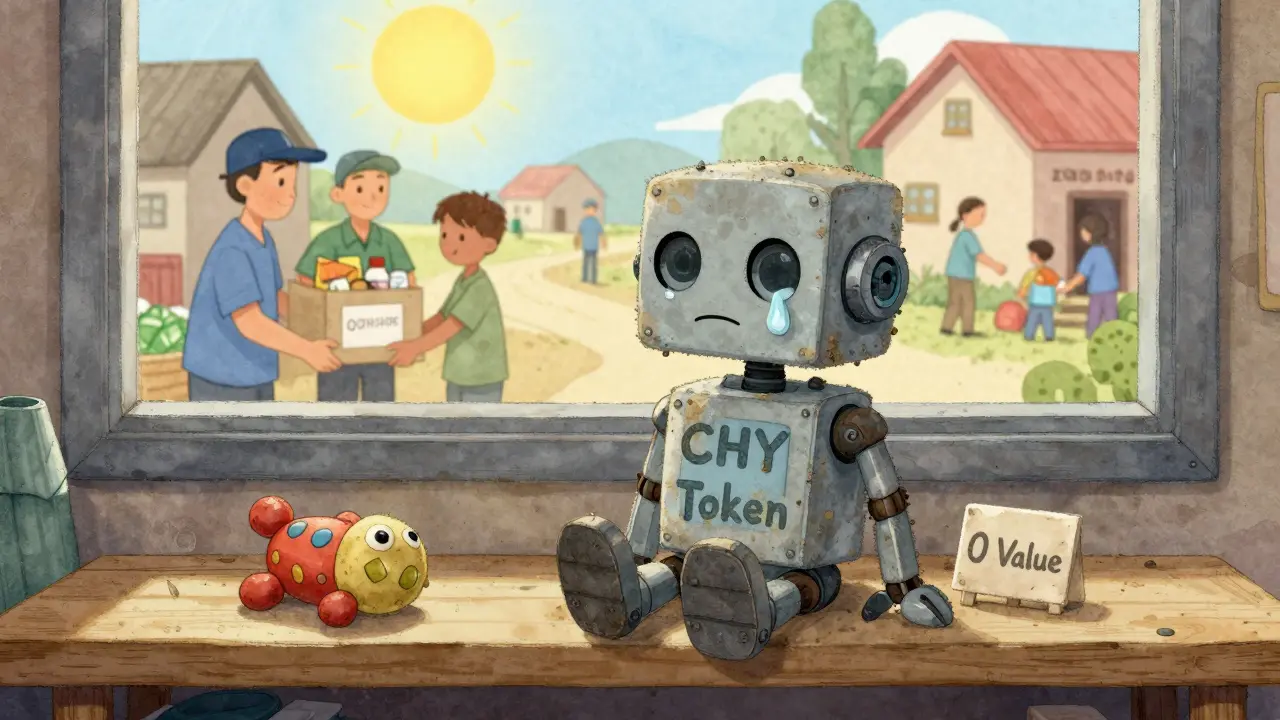 A lonely CHY token robot cries on a shelf as real charity workers deliver aid outside the window, contrasting gray and vibrant colors.
