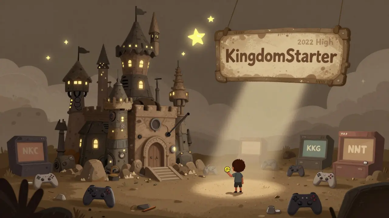 A lonely mechanical castle with empty shops, a child holding a tiny KDG coin under a faded 'KingdomStarter' sign.