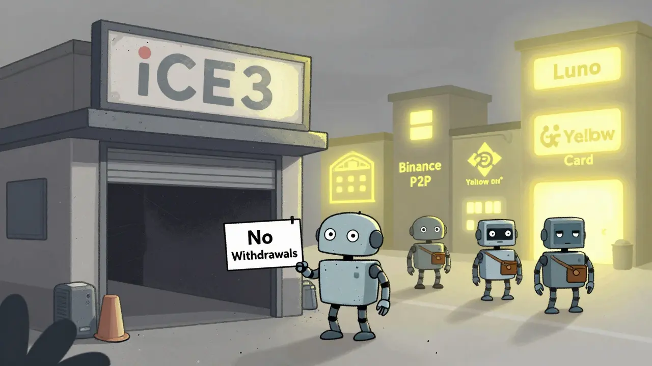 A lonely robot stands before a closed exchange building as others walk toward safer crypto platforms.