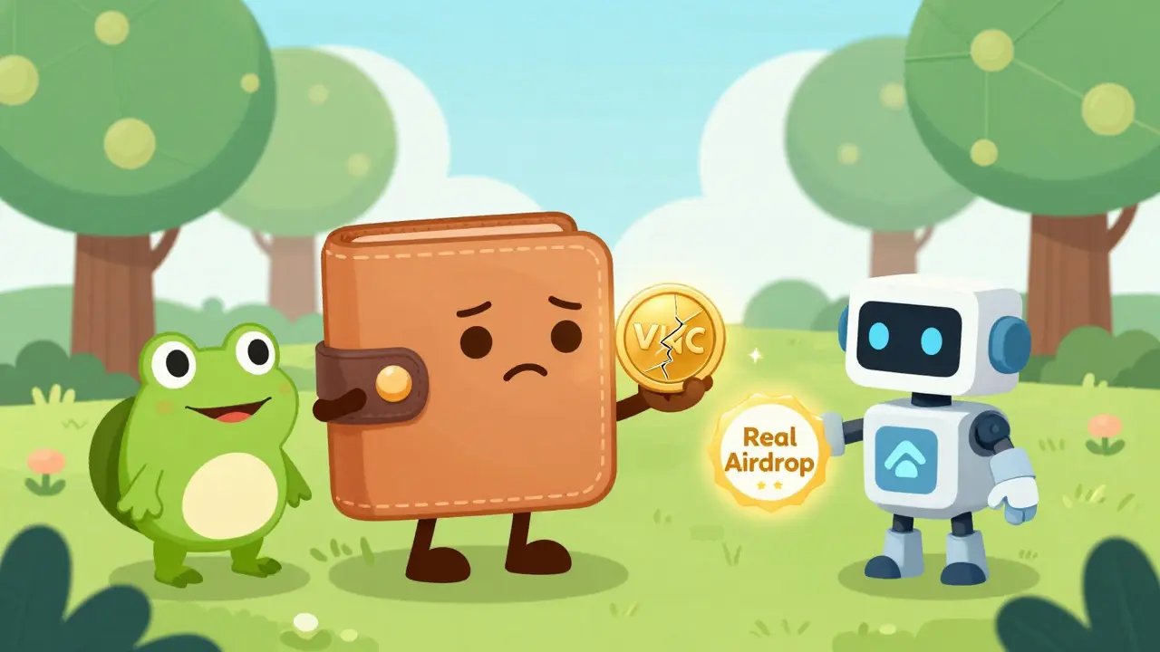 A sad wallet holds a cracked VIKC token as friendly crypto characters offer a handshake and a real airdrop badge.