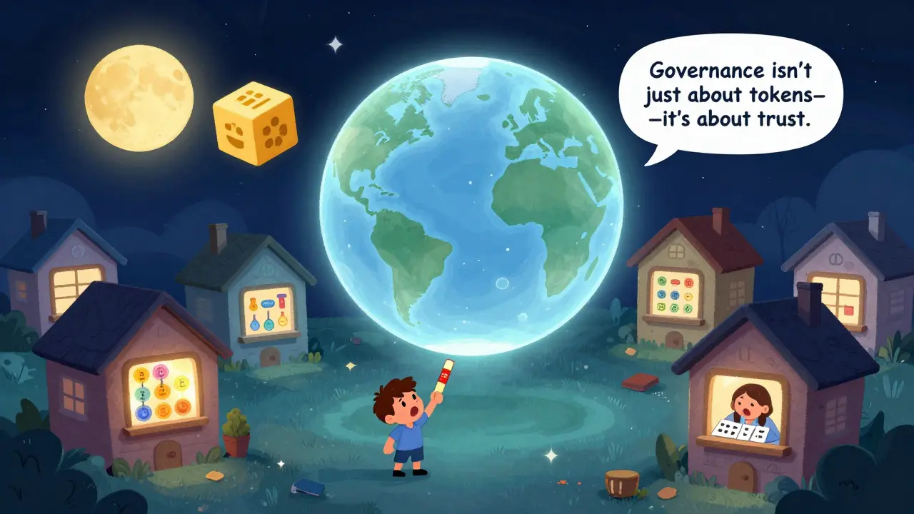 A sleepy DAO village at night with different voting systems glowing in each window.