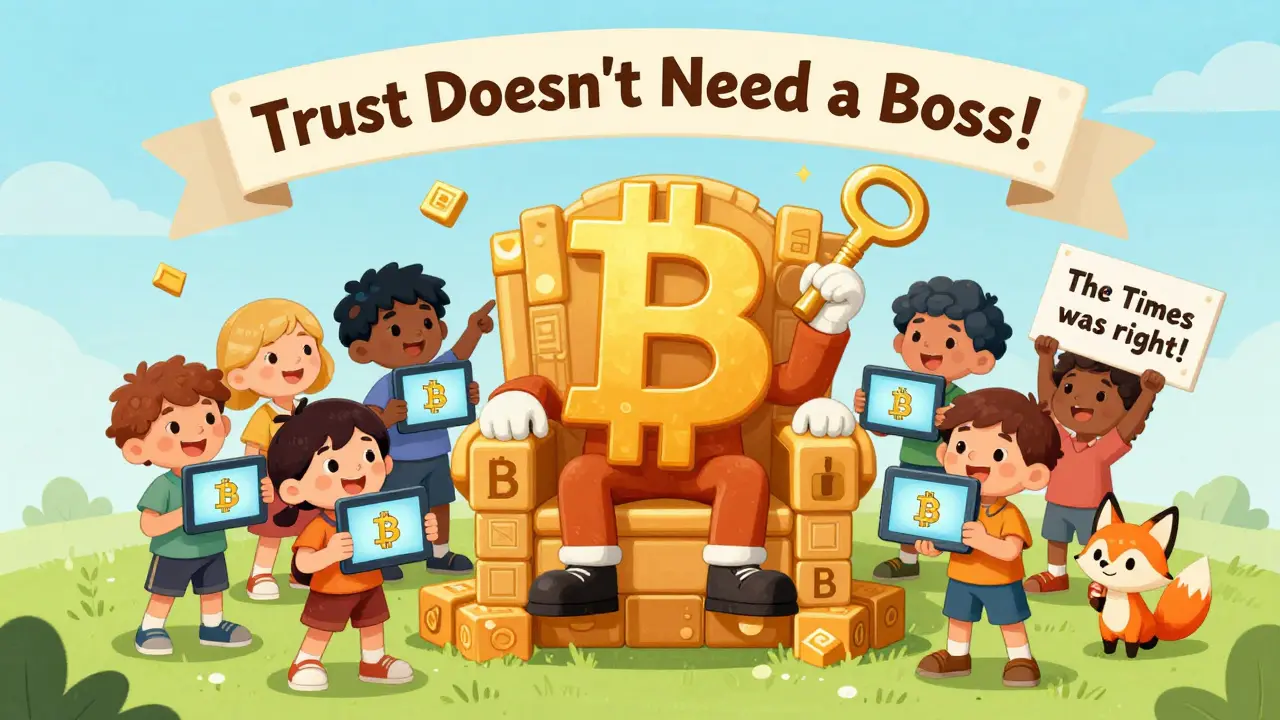 A smiling Bitcoin on a block throne holds an unusable key, while children from around the world verify the same genesis block.