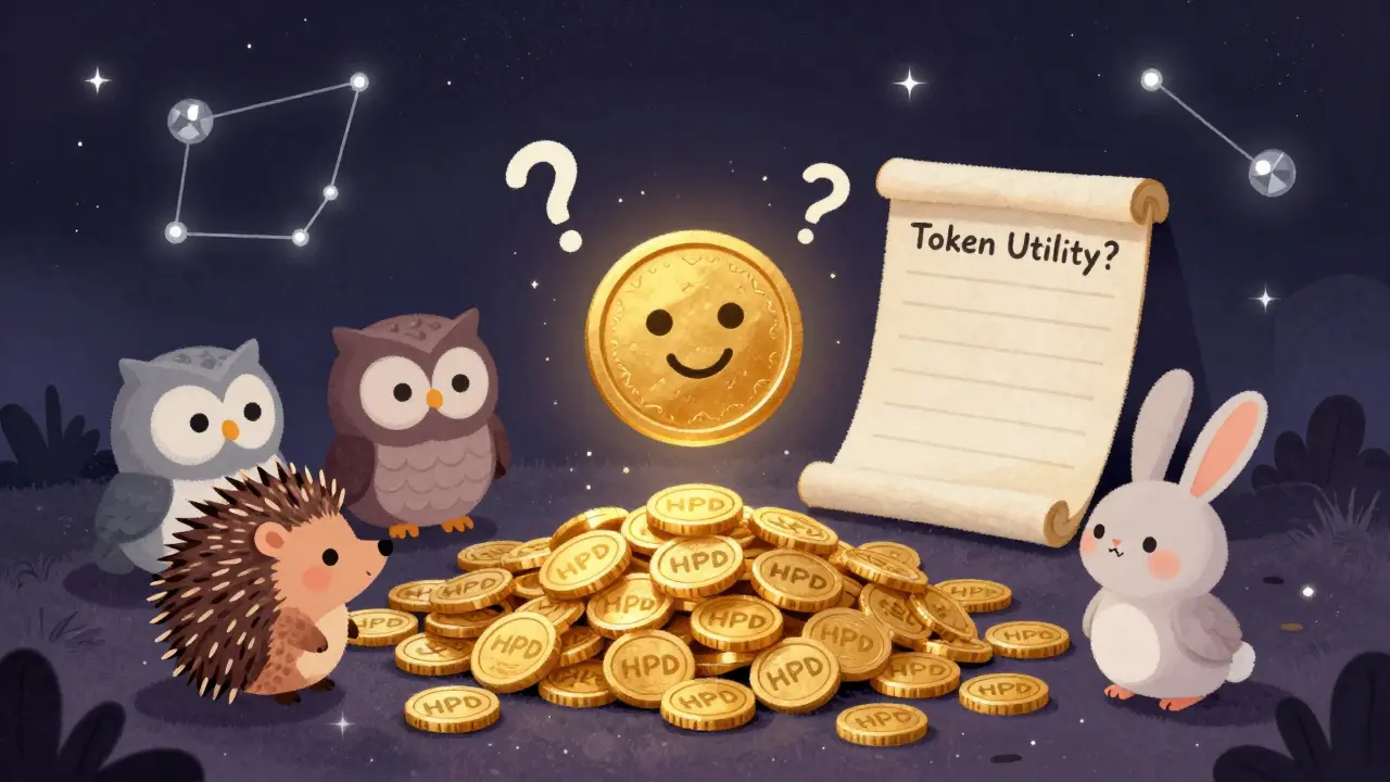 A smiling HPD token floats above 20 million coins, while animals stare at a blank scroll labeled 'Token Utility?'